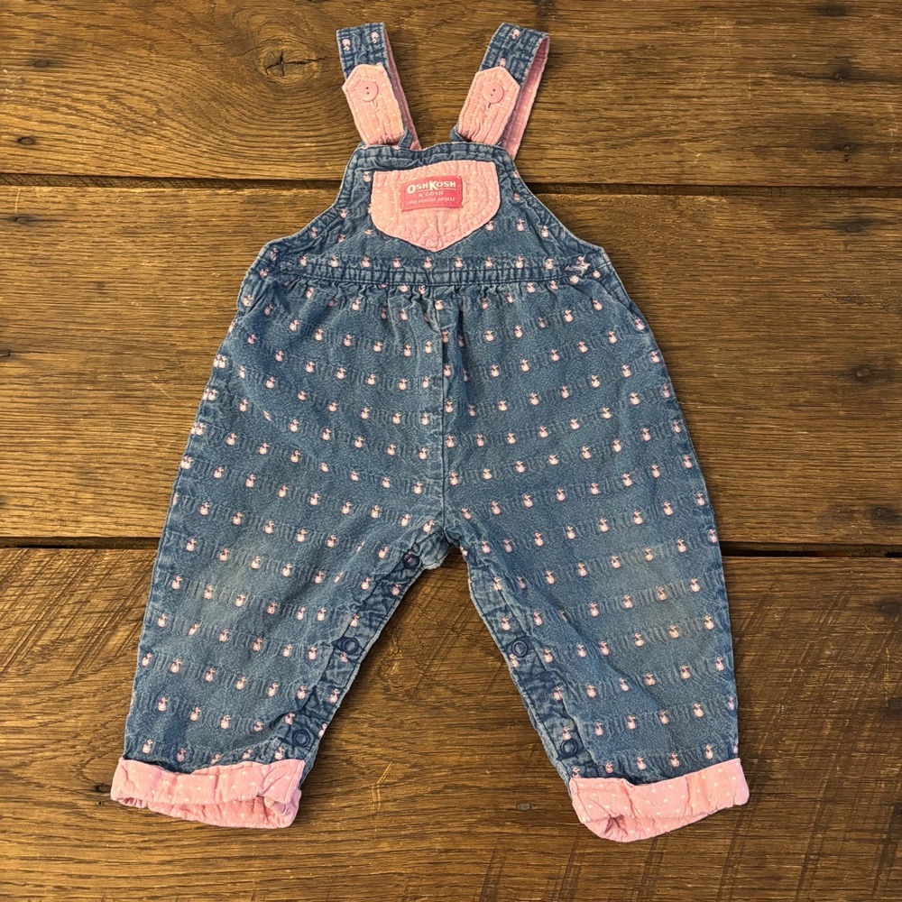 Vintage 90s Oshkosh Denim‎ Overalls Embroidered Pink Ducks Sz 6-9m Bow Back USA